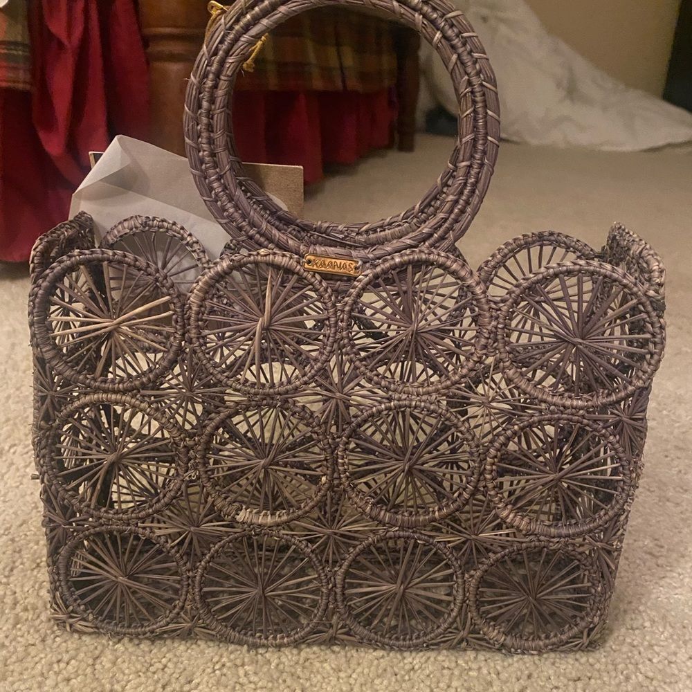 Kaanas Olive/Grey Woven Mini Circle-Detail Handbag